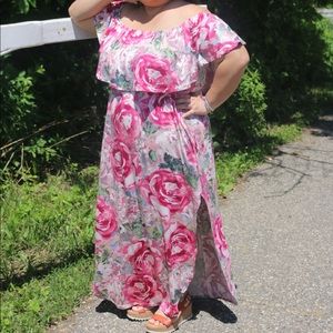 Pink flora offer shoulder dress